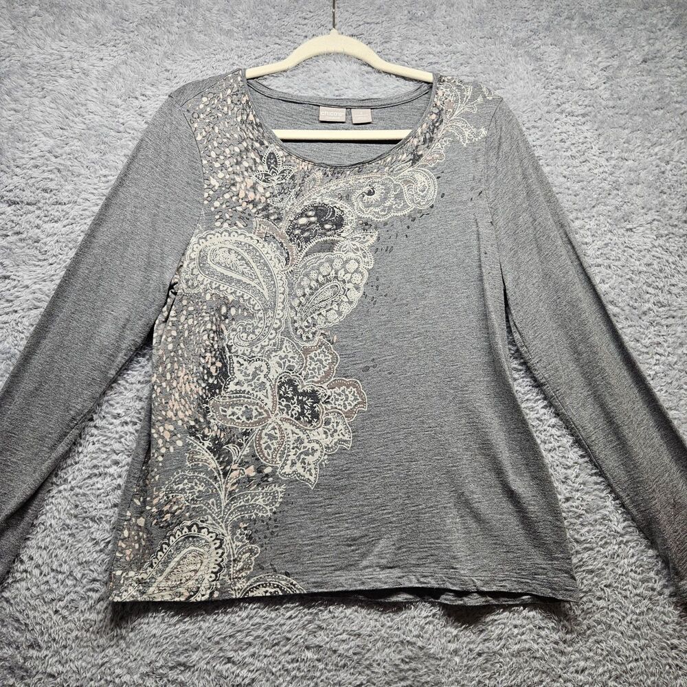 Chico's Zenergy Gray Paisley T-Shirt Size 2 Large Longsleeve Casual Lightweight